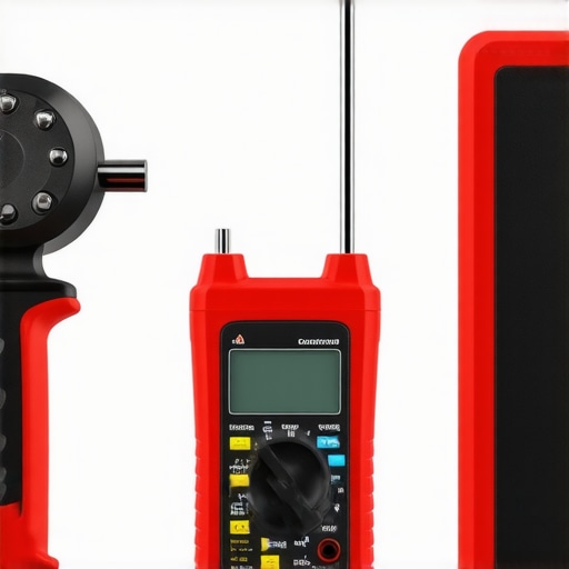 A set of reliable digital multimeter and torque wrench placed in a mechanic's toolbox