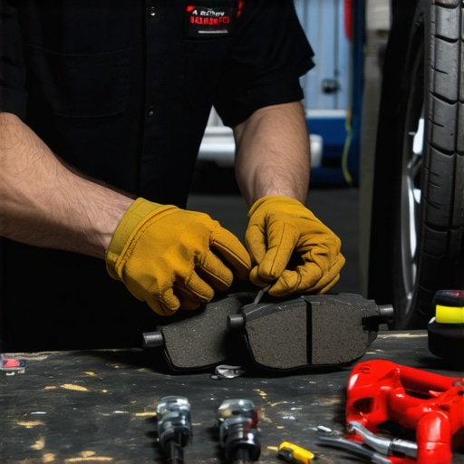 Expert Inspection of Brake System Mechanic examining brake pads with tools in auto repair shop