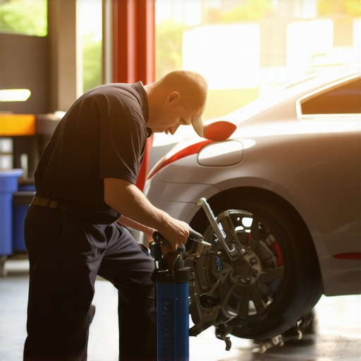 Mechanic examining car's brake components in garage