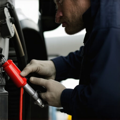 Mechanic checking fuel pump pressure with gauge during vehicle maintenance.