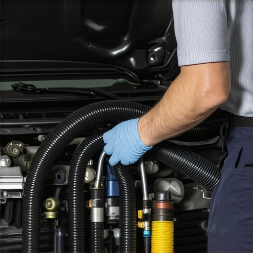 Mechanic checking rubber vacuum hoses for cracks and leaks in a car engine.