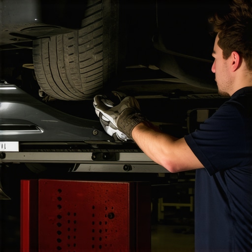 Mechanic examining exhaust components under car on lift.