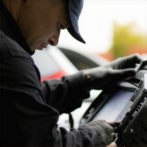 Mechanic working with diagnostic scanner on electric vehicle