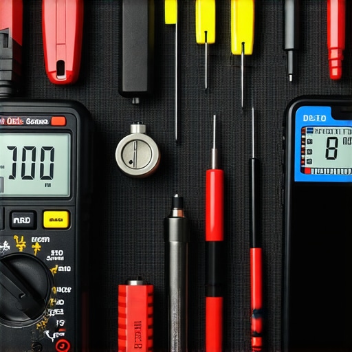 A technician's workspace with diagnostic tools and hand tools for auto repair.