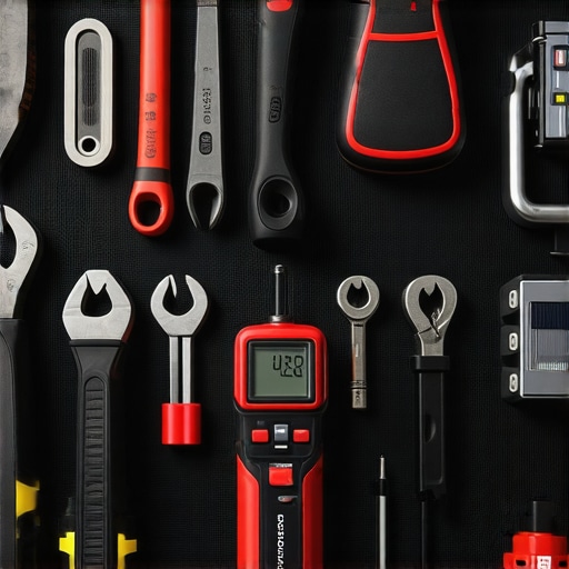 A mechanic's well-organized professional tools including torque wrench and diagnostic scanner on a workbench