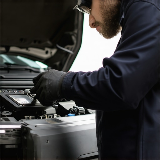 Professional Car Diagnostics in Action Auto technician analyzing a vehicle's electronic system with diagnostic tools