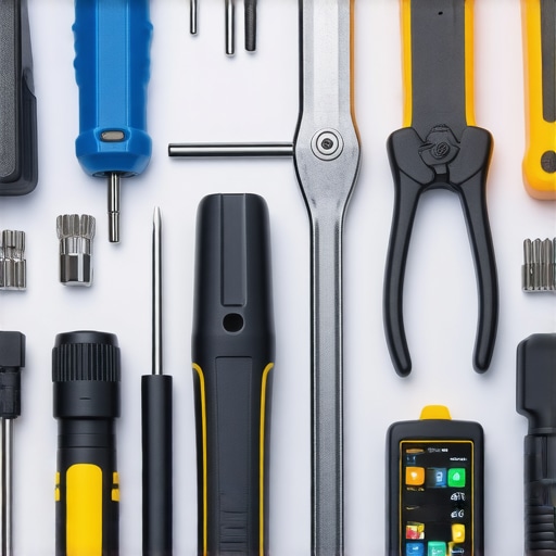 A collection of precision tools and diagnostic devices used for car maintenance, arranged neatly on a garage workbench.