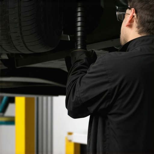 Mechanic checking suspension parts under the car.