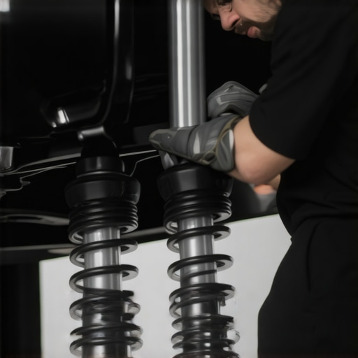 Mechanic examining shocks and springs in a vehicle's suspension under proper lighting.