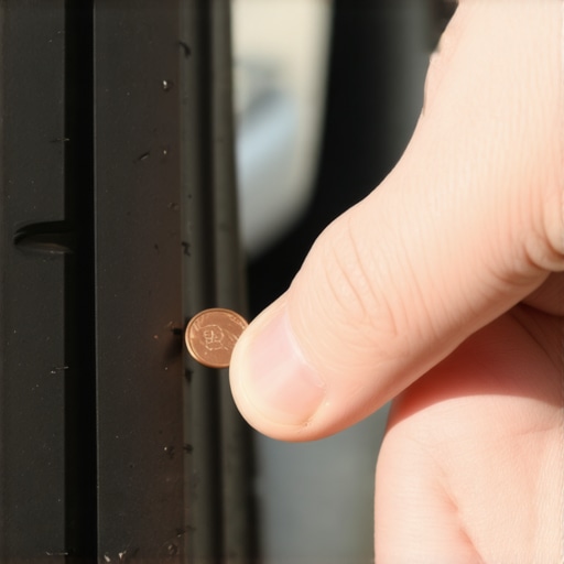 Person inserting a penny into tire tread to check wear level.