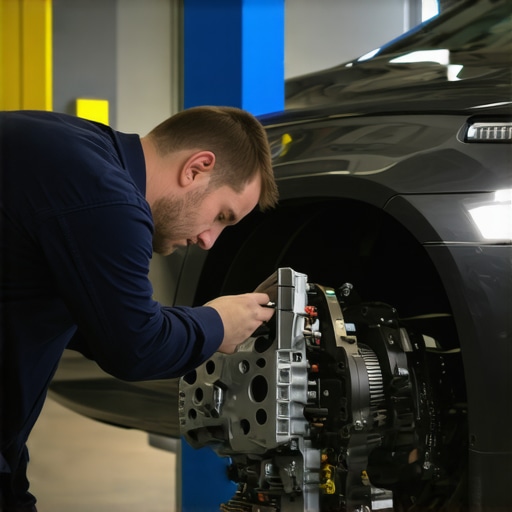Mechanic checking a car's transmission system in a garage.