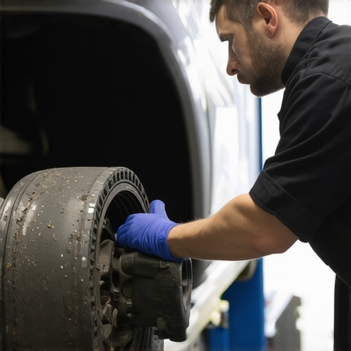 Mechanic checking transmission fluid and seals during car maintenance.
