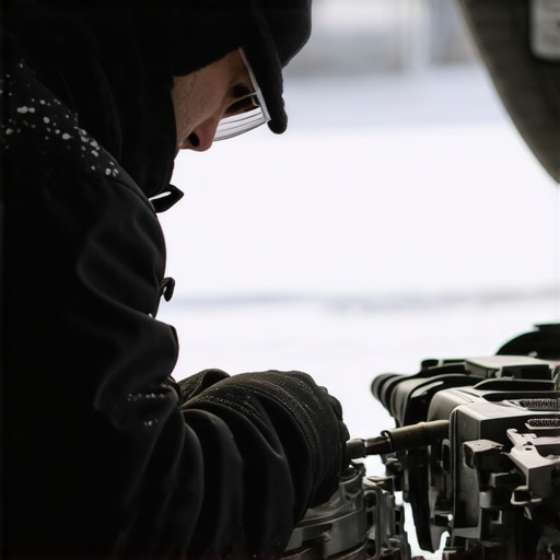 Mechanic inspecting transmission components in a workshop setting with winter gear