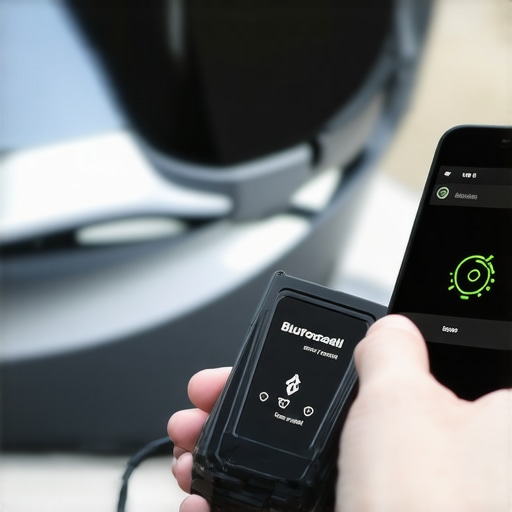 Using a Bluetooth OBD-II Scanner for Car Diagnostics Person holding a Bluetooth-enabled car diagnostic scanner connected to a vehicle's port, with a smartphone showing engine data.