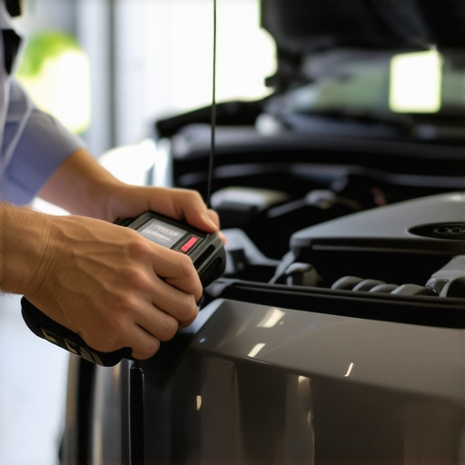 Mechanic's hands operating a Bluetooth OBD2 scanner in a garage.