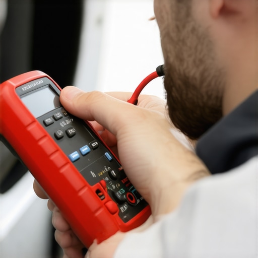 Using a Multimeter for Car Diagnostics A mechanic testing electrical connections in a car with a multimeter