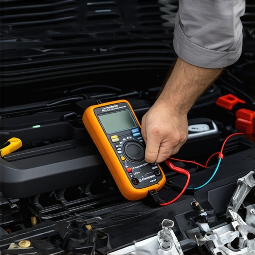 Mechanic testing electrical system in a car's engine with a digital multimeter.