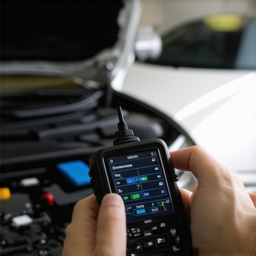 Mechanic using an Autel MaxiSys MS909 diagnostic tool connected to a car in a garage
