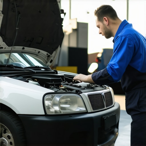 Vehicle Maintenance Scene Mechanic inspecting car engine during routine service