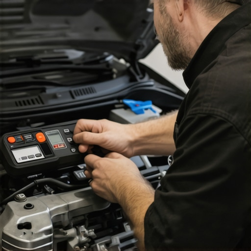 Mechanic performing vehicle diagnostic scan with specialized tools
