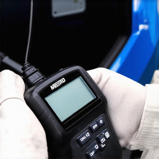 Automotive technician using a diagnostic scanner on a car engine