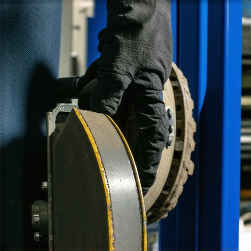 Mechanic applying lubricant to brake pads in a workshop.