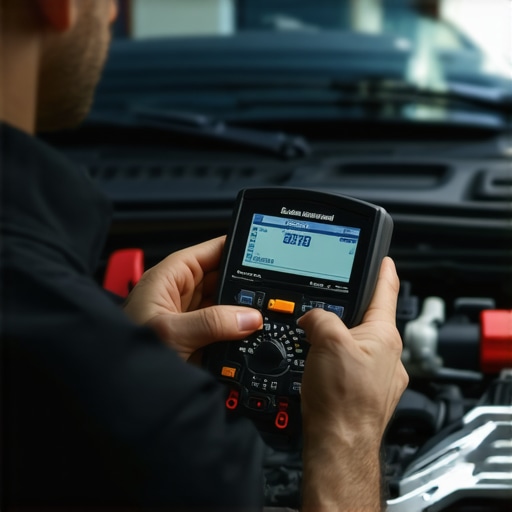 Auto technician diagnosing vehicle electrical system with advanced tools.