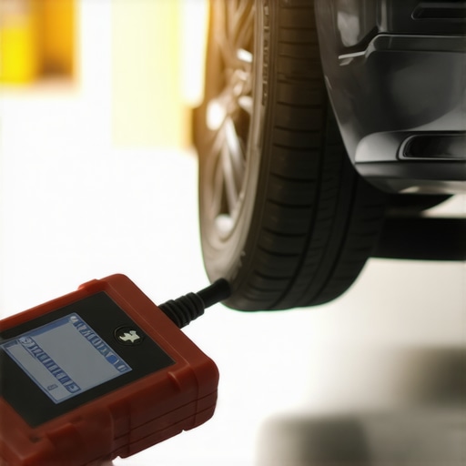 Detailed image showing a mechanic using an OBD-II scanner connected to a modern car's port in a garage setting.