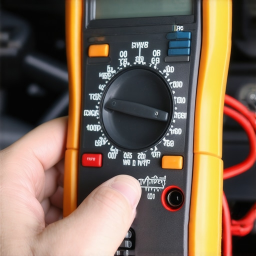 Automotive Multimeter in Use Hands holding a multimeter testing a car's electrical connections
