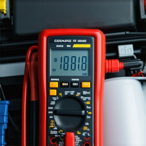Automotive multimeter diagnostic tool in use Technician using a multimeter to test car's electrical connections