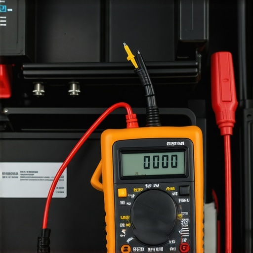 Illustration of multimeter testing car battery voltage and inspecting terminals for corrosion