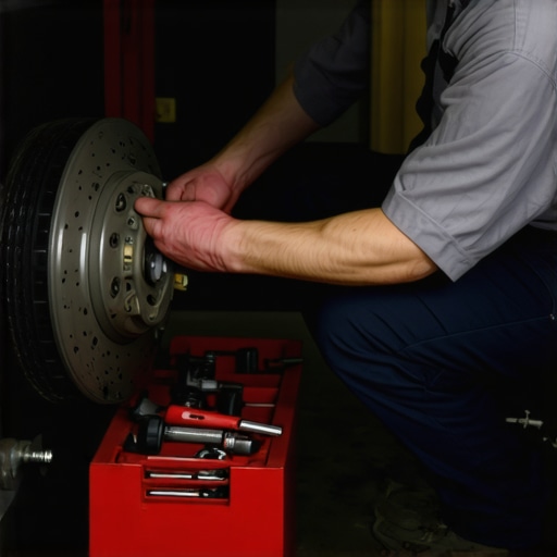 Technician bleeding brake lines on a vehicle with tools and clear brake system components