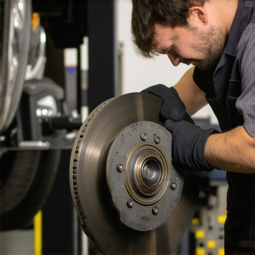 Mechanic installing a new brake rotor during vehicle maintenance.