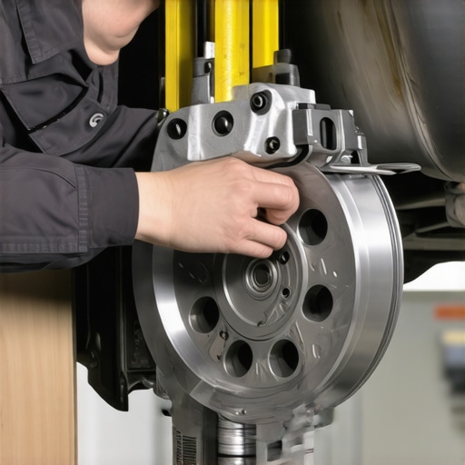 Mechanic examining brake calipers and rotors for proper alignment.