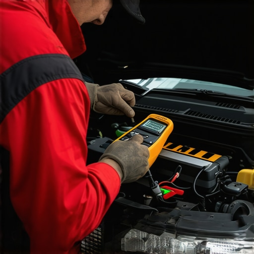 Mechanic using multimeter to check car's alternator voltage