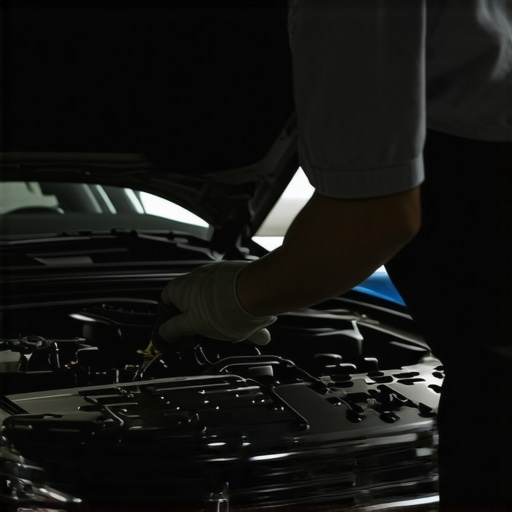 Car engine inspection during tune-up Mechanic inspecting a car engine with tools during a maintenance process