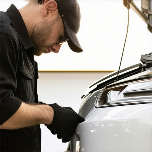 Mechanic inspecting transmission fluid level in car engine bay.