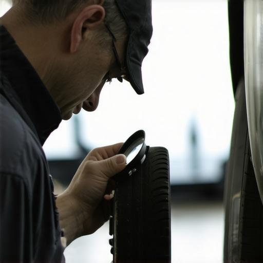 Mechanic closely examining brake pads with a magnifying glass to find wear issues.