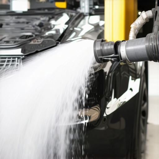 Hand spraying soapy water on engine hose to find leak