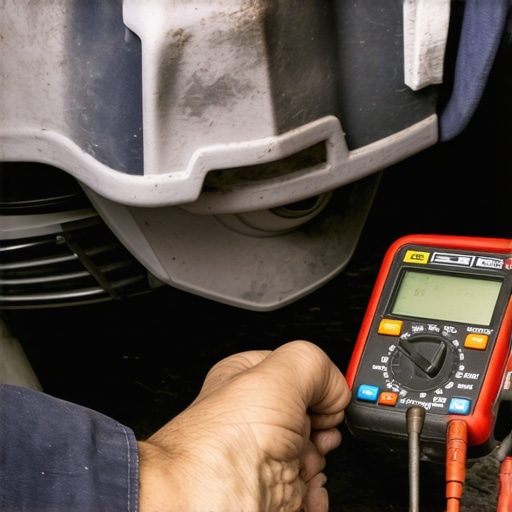 Mechanic measuring voltage of car alternator using a multimeter during a routine inspection.