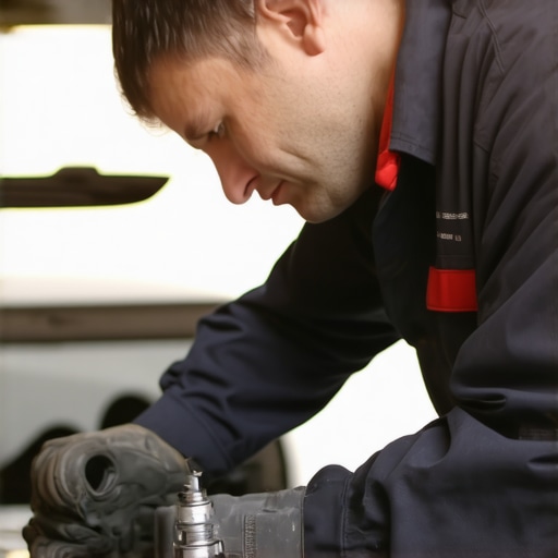 Mechanic examining car's engine spark plugs and parts
