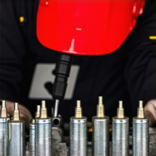 Mechanic examining spark plugs during engine tune-up.