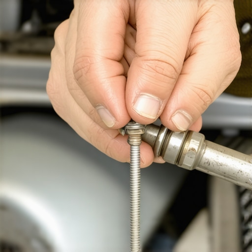 A mechanic's hand using a screw extractor tool on a broken engine bolt to illustrate removal technique.