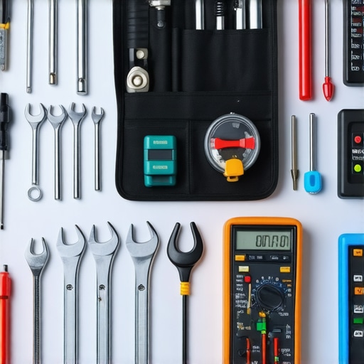 A comprehensive set of auto repair tools including a multimeter, brake bleeder kit, torque wrench, and inspection mirror on a mechanic's workbench.