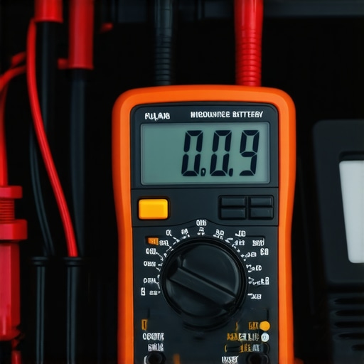 Close-up of a digital multimeter measuring car battery voltage