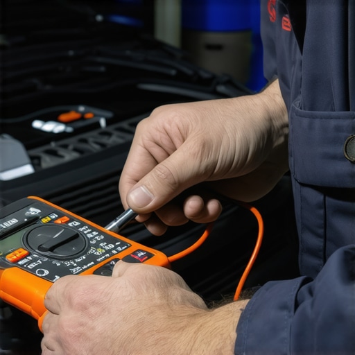 Mechanic testing car battery voltage with multimeter and setting torque wrench for repairs