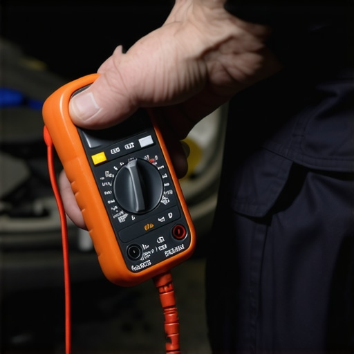 A mechanic inspecting vehicle components with a multimeter and torque wrench in a workshop.