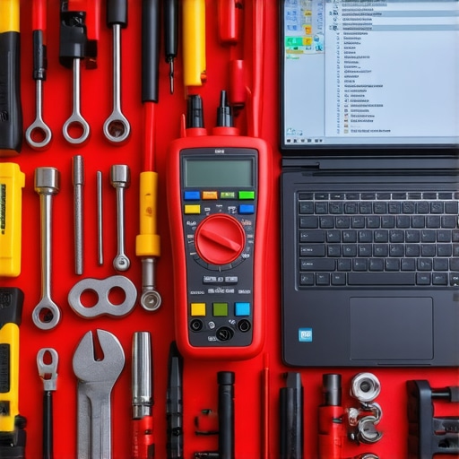 Essential Tools for Effective Car Maintenance A toolkit with a multimeter, socket wrenches, and a laptop displaying diagnostic software.
