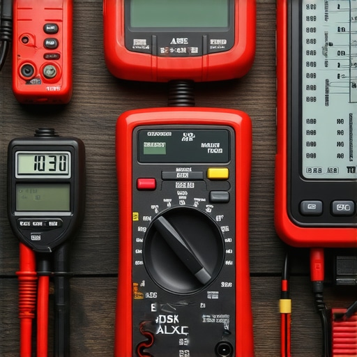 A set of professional-grade diagnostic tools used for auto repair laid out on a workbench.