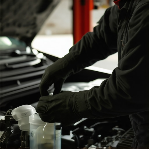 Mechanic checking coolant reservoir for proper level and condition